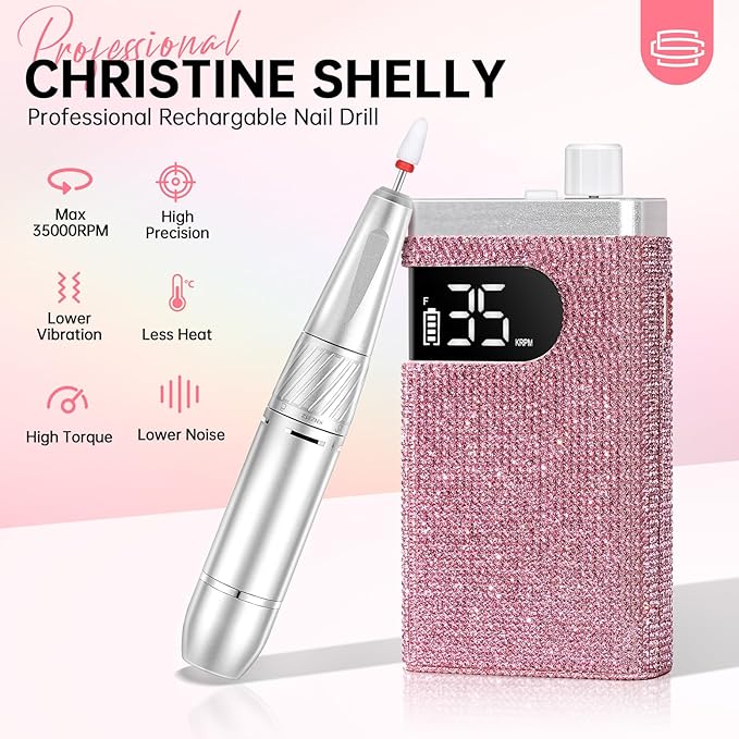 Rechargeable 35000RPM Nail Drill Sparkling Portable Professional Electric Nail File for Acrylic/Gel Nails Professional Nail Tools for Manicure Pedicure, Pink