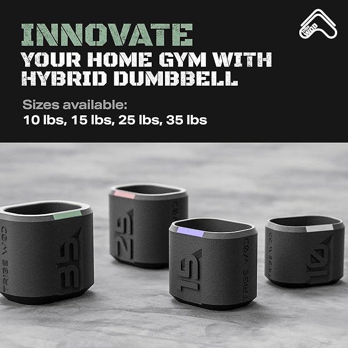 35lb Hybrid Dumbbell for Cross Training - Tribe WOD Dark Elf Weights - Ergonomic Stainless Steel Workout Equipment for Strength, Mobility and Cardio Fitness