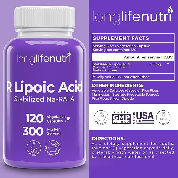 LongLifeNutri Stabilized R-Alpha Lipoic Acid 300mg – High Potency Na-RALA Supplement for Cellular Energy & Metabollic Function, 120 Vegetarian Capsules, 4-Month Supply, GMP Certified, Made in USA