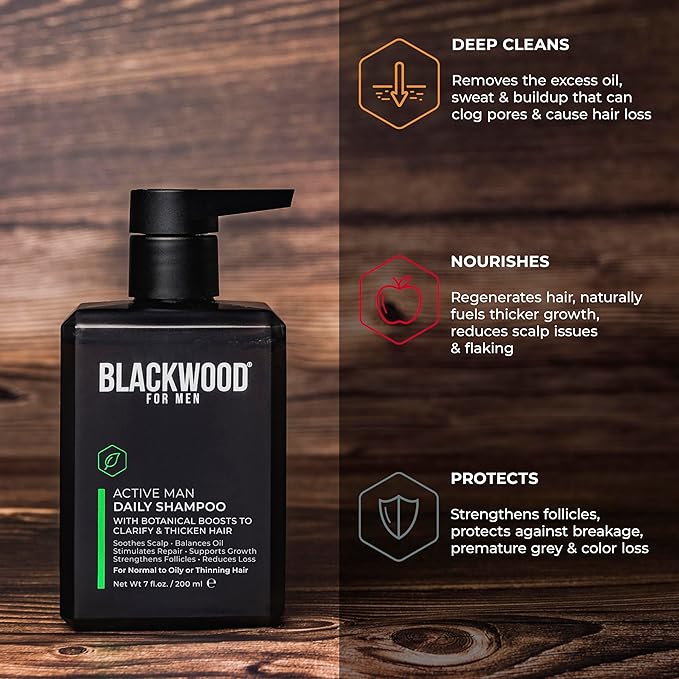 BLACKWOOD FOR MEN Active Man Daily Shampoo - Thickening & Clarifying Shampoo for Normal to Oily Hair or Scalp - Fights Hair Loss - Natural Vegan Formula - Sulfate Free with Ginseng & Aloe Vera (7oz)