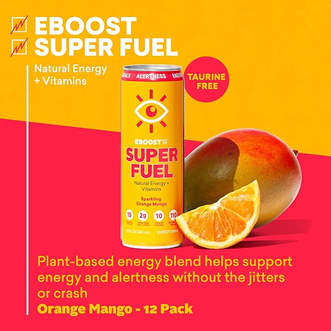 EBOOST Super Fuel Healthy Energy Drink - Caffeine from Natural & Clean Ingredients For Focus and Productivity -Taurine Free Pre-Workout With Electrolytes, Nootropic & Vitamins - Orange Mango, 12 Pack
