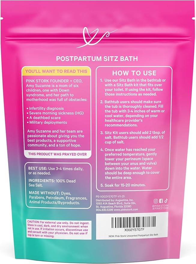 Pink Stork Postpartum Sitz Bath Soak: Dead Sea Salt for Perineal Care & Cleansing, Postpartum Recovery, Labor and Delivery Essentials, Women-Owned, Unscented, 16 oz