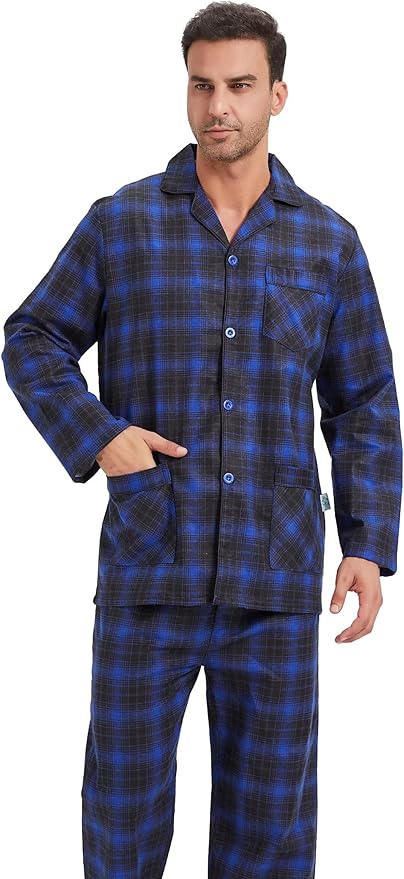 GLOBAL Men's Pajamas Sets 100% Cotton Flannel Sleepwear Long-Sleeve top & Bottom