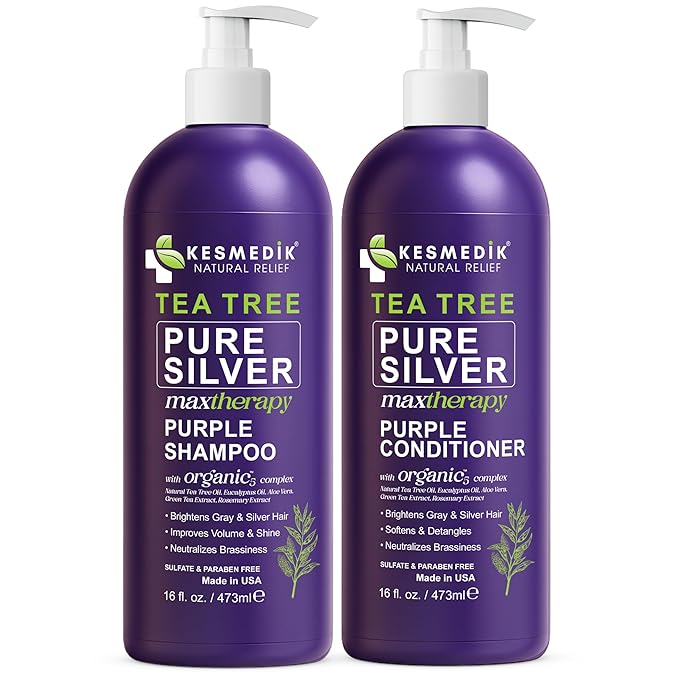 Professional Purple Shampoo & Conditioner Set with Tea Tree Oil for Silver & Grey Hair, Anti-Brass Toner, Neutralizes Yellow Tones, Revitalizes Color & Relieves Itchy Scalp, 16 fl oz Each