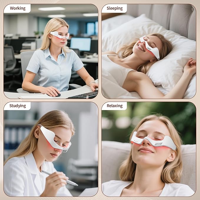 Under Eye Red Light Therapy Device, 650nm Red Light Therapy Eye Massager for Relieve Eye Bags, Eye Fatigue, Dark Circles, with Glasses Strap, Light-Weight, Hands-Free Use