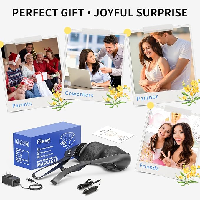 TISSCARE Shiatsu Neck Massager with Heat for Pain Relief, Deep Tissue 3D Kneading Electric Massager for Back, Shoulder, Leg, Plug-in for Home, Office, Car, Ideal Gift for Women Men Mom Dad