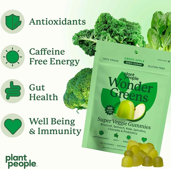 Plant People WonderGreens Veggie Gummies Super Greens with Probiotics Multivitamin Support Gummy for Wellbeing, Energy, Immune and Gut Health, Green Apple Flavor (60 Count)