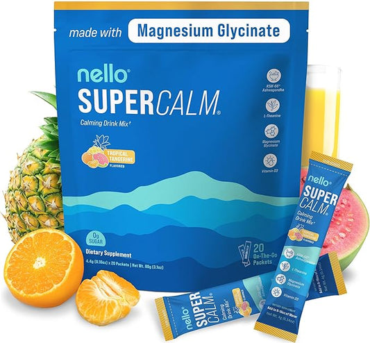 Nello Supercalm Powdered Drink Mix, Tropical Tangerine, L Theanine, Ksm-66 Ashwagandha, Magnesium Glycinate, Vitamin D 3, Supplements for Relaxation & Focus, Natural, No Sugar, Non GMO, 20 Srvg