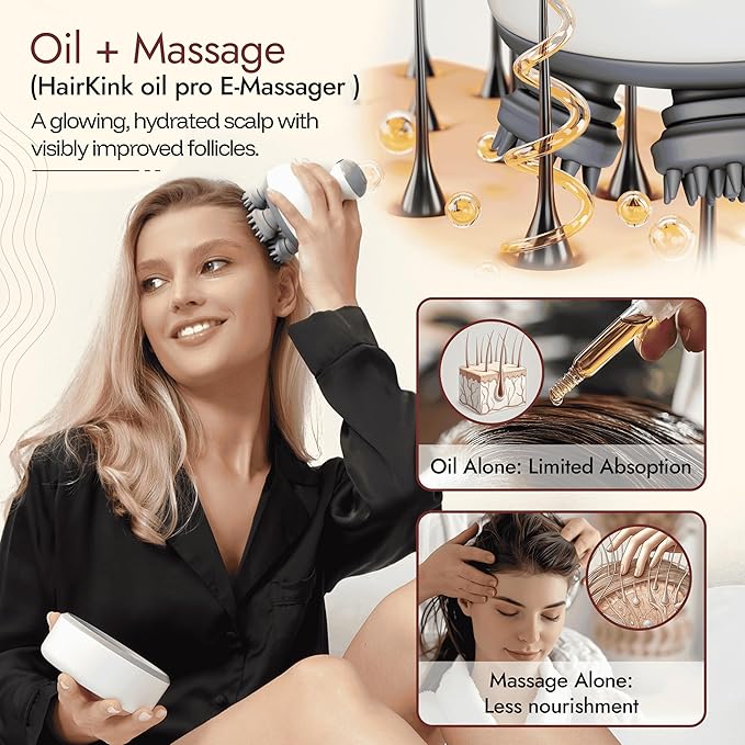 Electric Scalp Massager Hair Care w/ 4 Massage Modes & Oil Compartment - Head Massager Scalp Comfort - Removable Silicone Heads, Rechargeable, Soothing Sensation - Portable Cordless Scalp Massager