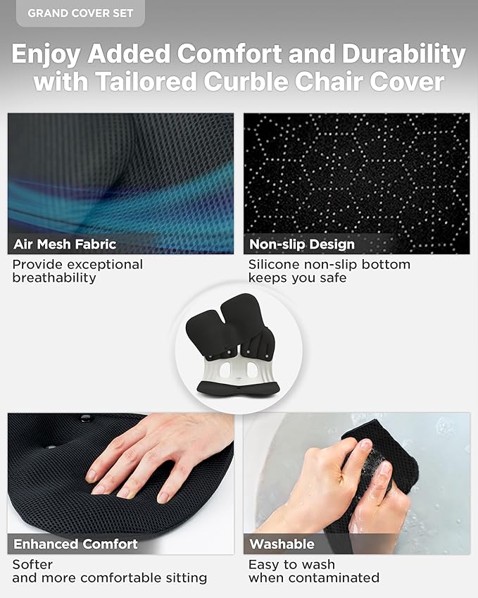 curble Grand(Extra Wide&Sturdy) Cover Set – Ergonomic Back Support Chair with Detachable Cover, Lumbar Support for Posture Correction & Lower Back Pain Relief, Perfect for Home & Office(Set Black)