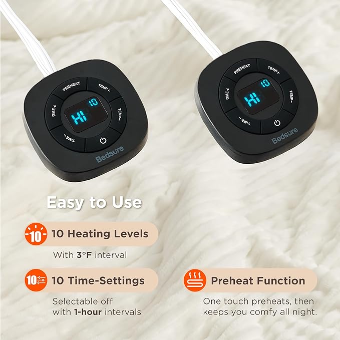 Bedsure GentleSoft Electric Blanket Queen Size - Soft Ribbed Flannel Heated Blanket with Dual Control, 10 Heat Settings, 10 Time Settings, 8 hrs Timer Auto Shut Off (84x90 inches, Coconut White)