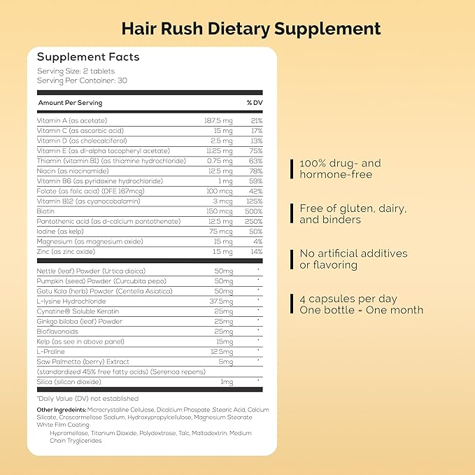 Hair Rush | Maxx Hair Growth & Anti Hair Loss Nutrient Solubilized Keratin Vitamin Supplement, 60 Tablets.