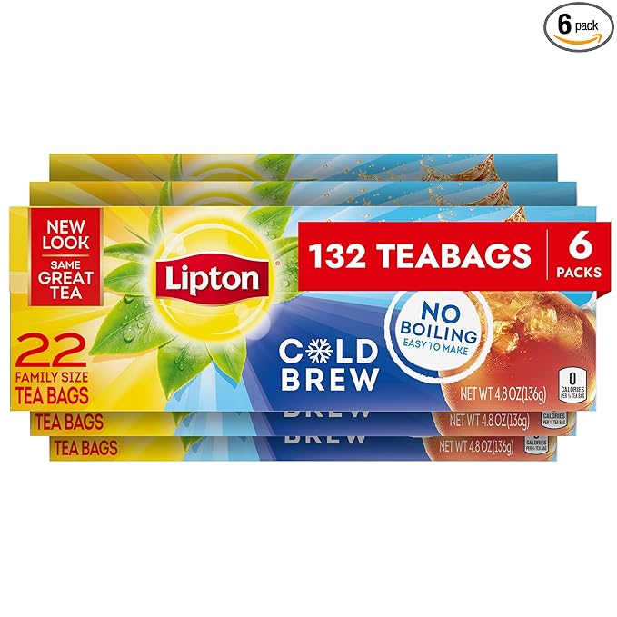 Lipton Cold Brew Iced Tea Bags, Family Size Zero Calories, Easy-To-Make with no boiling needed, 132 Total Tea Bags (22ct - Pack of 6)