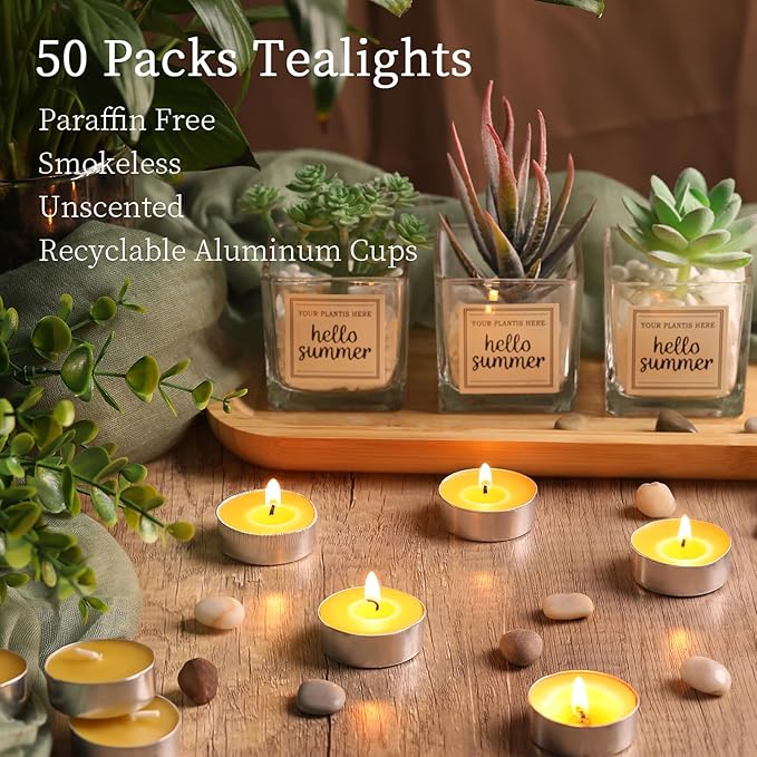 50 Packs Beeswax Tealight Candles, Pure Beeswax Tea Lights Candle, Natural Organic Tealights Candles Unscented Smokeless Clean Burning with 4 Hour Burn Time
