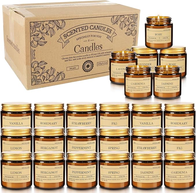Christmas Scented Candle Set 24 Pack, Candle for Home Scented, Odor Eliminating, Stress Relief, Long Lasting Soy Wax Gift Set