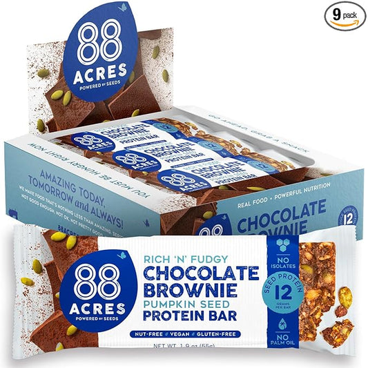 88 Acres Vegan Seed Protein Bar | 12g Plant Based Protein Per Bar, Gluten Free, Nut Free, Non GMO, School Safe, No Palm Oil | 9 Pack, 1.9 oz (Dark Chocolate Brownie)