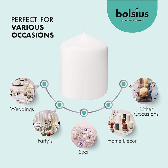 BOLSIUS 6 White Pillar Candles Bulk - 3x4 Inches Candle Set - 40+ Hours Clean Burning - No Palm Oil - 0% Animal Fat - Premium European Quality - Unscented Dripless Restaurant Pillars