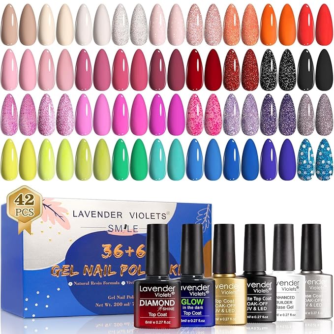 Lavender Violets 42 Pcs Gel Nail Polish Set, 36 Colors with 6 Bottles of Base Top Coat, Glossy Matte Diamond Shine Glow in the Dark Top Coat for Nail Art C950