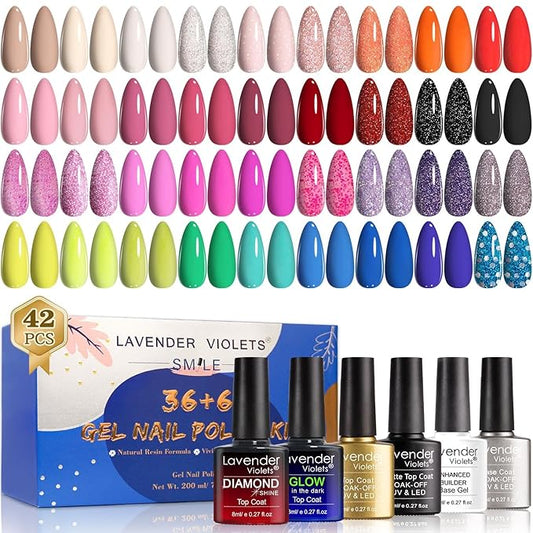Lavender Violets 42 Pcs Gel Nail Polish Set, 36 Colors with 6 Bottles of Base Top Coat, Glossy Matte Diamond Shine Glow in the Dark Top Coat for Nail Art C950