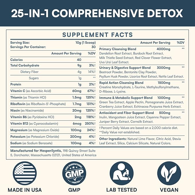 Detox Powder Supplement for Men & Women, Natural Herbal Formula for Liver, Kidney & Digestion, Lime Flavor, 30 Servings