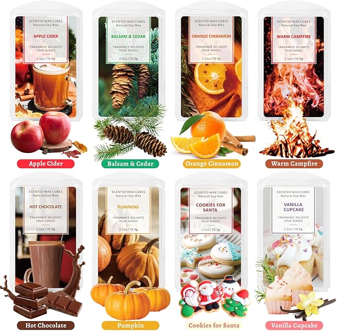 SCENTORINI Wax Melts, Fall Scented Wax Melts, Vanila Cupcake, Pumpkins, Hot Chocolate, Balsam & Cedar, Apple Cider, Orange Cinnamon, Warm Campfire, Cookies for Santa, 8 x 2.5 oz