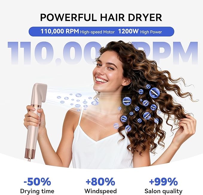 6-in-1 Hair Dryer Brush, 150,000 RPM High-Speed Hair Dryer Fast Drying,Upgraded Air Styler with Auto Wrap Curlers,Blow Dryer Brush for Straightening, Smoothing,Volumizing, No Heat Damage