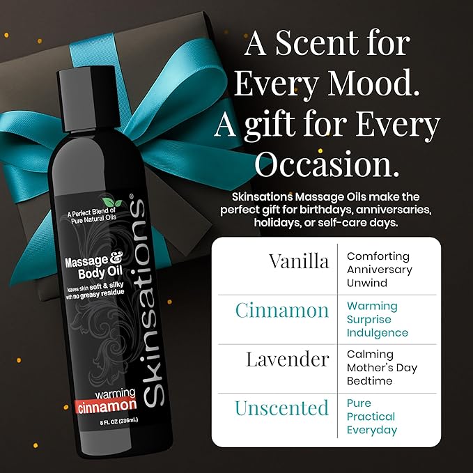 Skinsations - Cinnamon Massage Oil for Massage Therapy - 8oz | Naturally Warming Body Oil for Comfort & Aromatherapy | Sweet Almond, Coconut, Jojoba & Grapeseed Oils