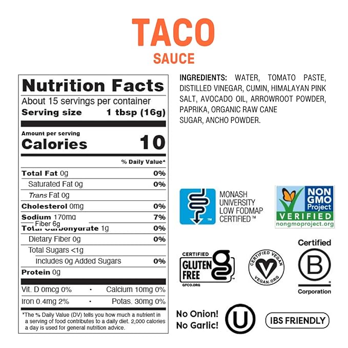 Fody Foods Taco Sauce, 8.5 Oz, Garlic and Onion Free, Low FODMAP Certified, Gut & IBS Friendly, Vegan, Non-GMO, Gluten Free, Keto Friendly
