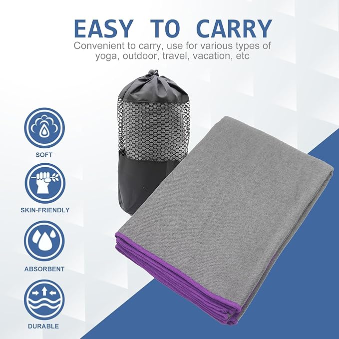 Eunzel Hot Yoga Towel - Microfiber Non Slip Yoga Mat Towel with Grip Dot Sweat Absorbent Towel for Hot Yoga, Pilates and Fitness 72" x 24", Dark Grey/Purple