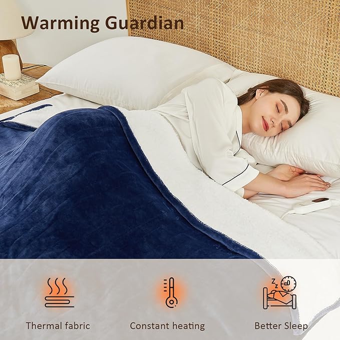 Heated Electric Blanket Queen Size - 84"x90" Flannel Heating Blanket with 10 Heating Levels & 5 Time Settings Over-Heat Protection, Winter Warmer for Adults with ETL Certification（Navy Blue）
