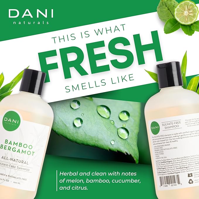DANI Naturals Shampoo - Bamboo Bergamot is a sulfate-free, vegan, and organic shampoo that deeply hydrates and nourishes dry and curly hair, leaving it soft, smooth, and manageable.