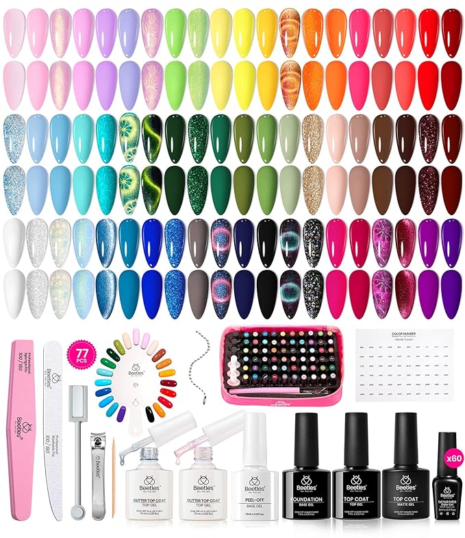 Beetles Gel Nail Polish Set 77 Pcs 60 Colors Cat Eye Gel Nail Kit Fall Winter Red Nude White Polish Nail Kit with Base Top Coat UV DIY Art Tool Home Gifts for Women World Travel