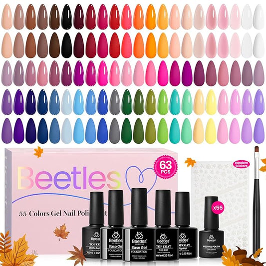 Beetles Winter Gel Nail Polish Set - Vibrarnt Holiday 55 Colors Gel Polish Kit with 5 Bottles Base Glossy Matte Top Coat UV LED Soak off Nail Polish Red Brown Pink Green Blue Christmas Gifts for Women