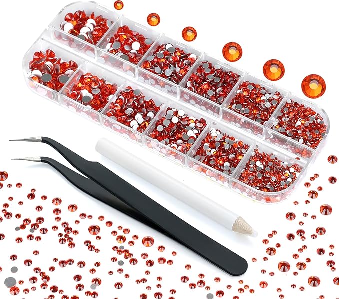 Nibiru 3992 Pieces Art Nail Rhinestones Flat Back Gems Round Crystal Rhinestones 6 Sizes with Pick Up Tweezer Orange
