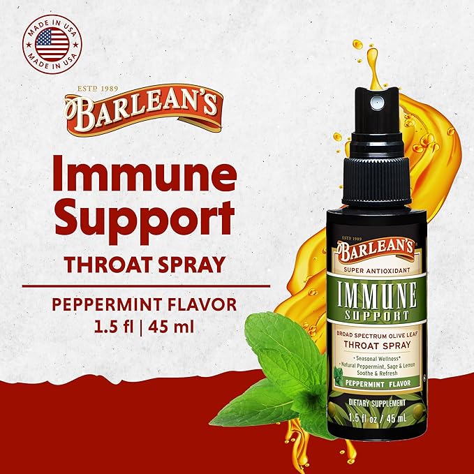 Barlean's Olive Leaf Complex Throat Spray, Immune Support Supplement with Peppermint, Lemon, and Sage for Itchy Throat Relief, Liquid Blended Extract, 1.5 oz
