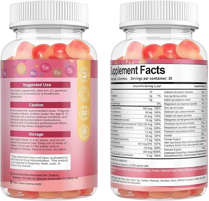 Totaria Sugar Free Multivitamin Gummies for Women 14+ w/Iron, Inositol, Folate, Biotin, Womens Daily Multivitamin Gummy w/Vitamin A, C, B, D3, K2, for Hair, Skin, Energy, Immune, Peach Flavor