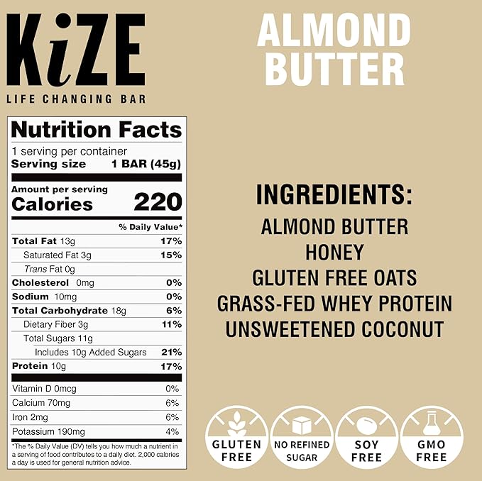 KiZE Energy Bars - Almond Butter - 20 Count - Almond-Butter-Based, Gluten Free, Non-GMO, and High Protein Meal Replacement Energy Bars, Clean and Simple Food Ingredients - 10g High Protein Snacks (20 Count)