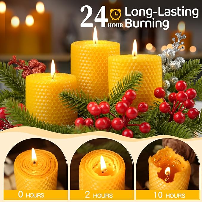 Hand-Rolled Beeswax Candles,2.8x3in-3PCS,All Natural Honeycomb Beeswax Pillar Candles,72 Hours Long Burning Bees Wax Candles for Home,Dripless Smokeless Unscented Honeycomb Pillar Candle