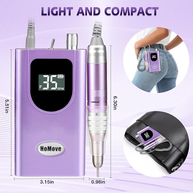 Professional Nail Drill Machine, HoMove 35000RPM Portable Nail Drills, Rechargeable Efile Nails Drill, Low Heat Electric Nail File for Acrylic Gel Nails（Violet）