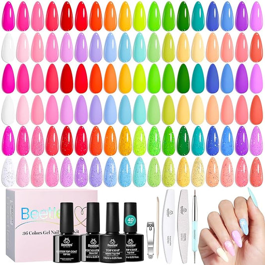 Beetles Gel Nail Polish Set, 36 Colors Neon Rainbow Bright Color Gel Polish Set with Base Coat Glossy Matte & Glitter Top Coat Pink Red Yellow Manicure Vivid Whimsy Gifts for Women