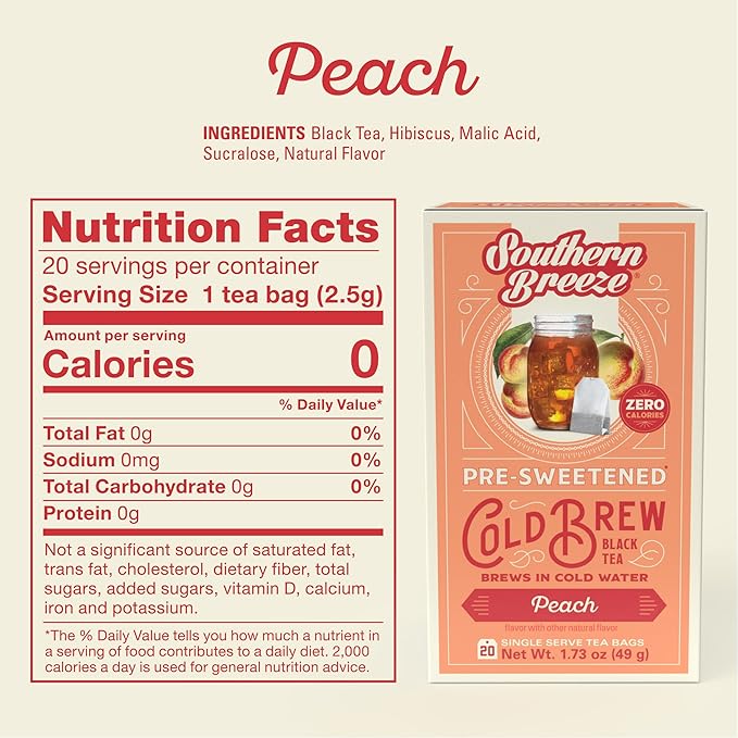 Southern Breeze Cold Brew Sweet Tea Peach Iced Tea with Black Tea and Zero Carbs Zero Sugar, 20 Individually Wrapped Tea Bags, Pack of 4