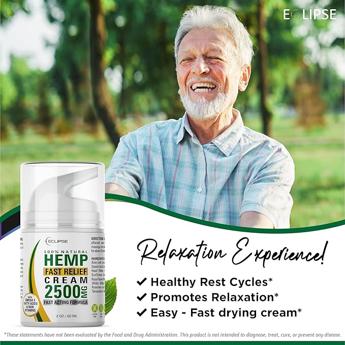 Hemp Cream by Eclipse - Non-Greasy, Targeted Long-Lasting Relief - Natural Hemp Extract Cream - Made in USA - 2 Pack