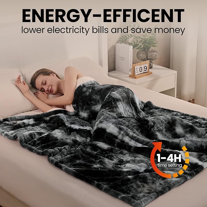 Electric Heated Throw Blanket 50"x60",Luxury Black Faux Fur Electric Blanket,Fast Heating Soft Fluffy Thick Electric Blanket with 6 Heating Levels & 12H Auto Off