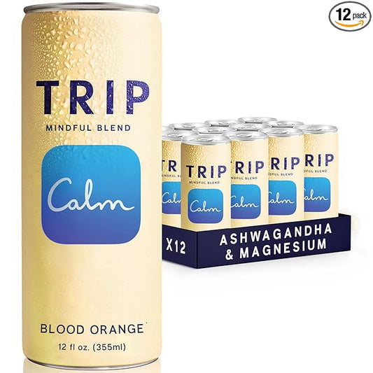 Trip Mindful Blend, Lightly Sparkling Adaptogen Seltzer, 120 MG Magnesium Citrate with Ashwagandha, Lions Mane & L Theanine, No Added Sugar, Low Calorie, Vegan, Blood Orange, 12 Oz, 12Pk