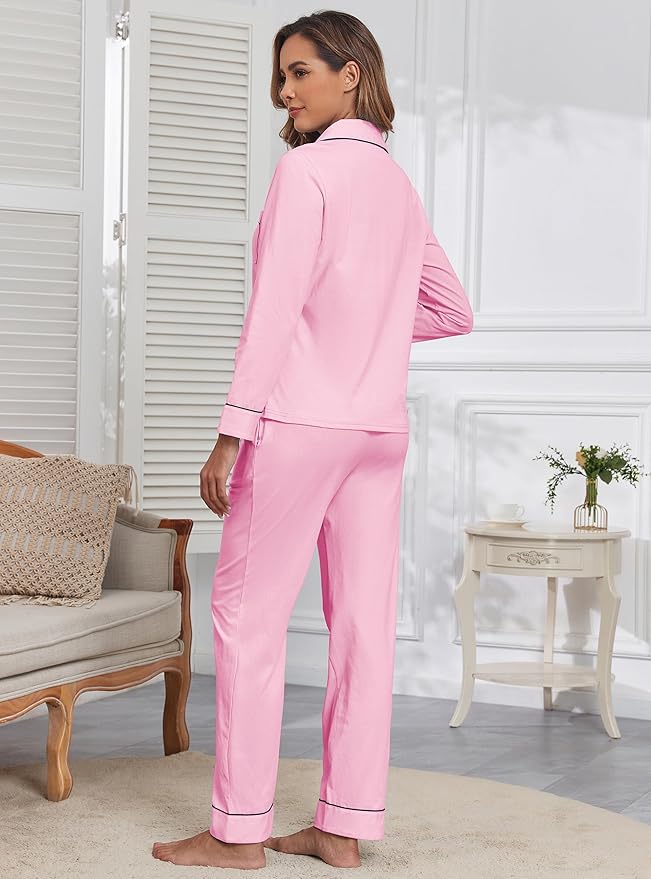 Veseacky 100% Cotton Pajamas for Women Set Long Sleeve Button Down Sleepwear Soft Pjs Lounge Sets with Pockets S-XXL