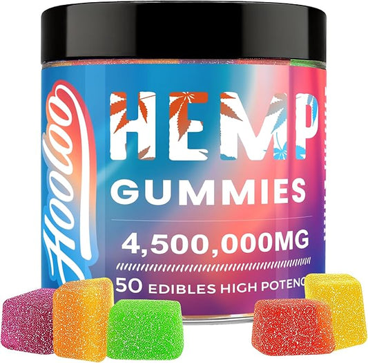 HOOLOO Hemp Gummies for Deep Bedtimes, Unwind, Focus - 6 Fruity Flavors Big Cubes Gummy Infused Vitamins Omega 3 - Extra Stength 4,500,000mg for Adults - Made in USA