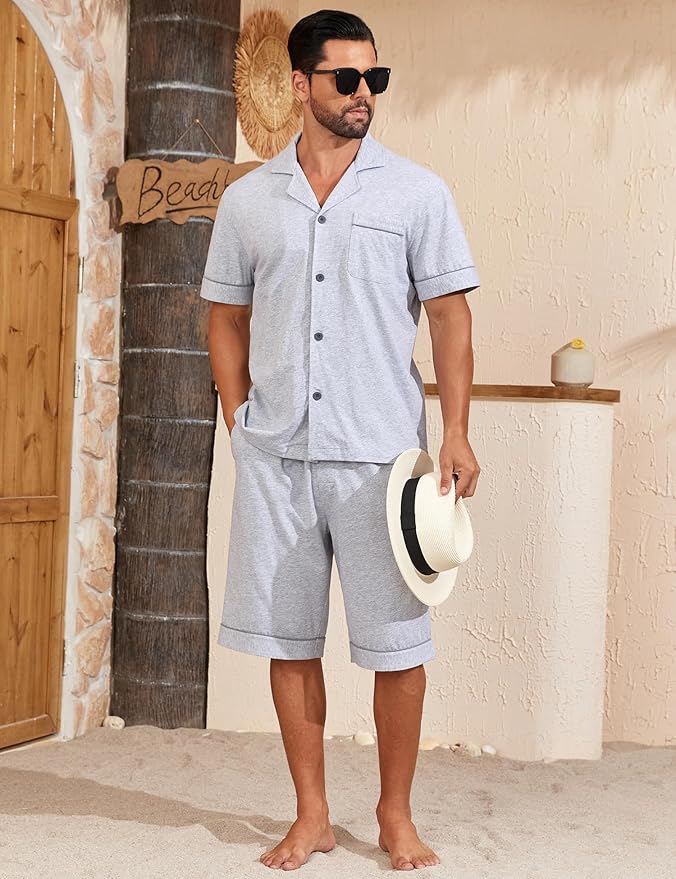 COLORFULLEAF Men's 100% Cotton Short Sleeve Pajama Sets Button Down Notched Collar Sleepwear Soft Lounge Pjs with Pockets