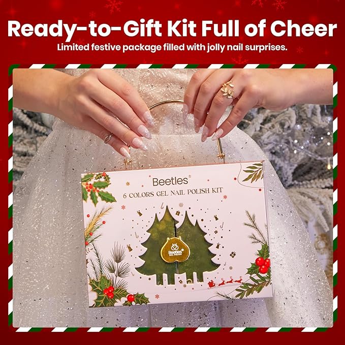 Beetles 27Pcs Christmas Gel Nail Kit Gifts for Women Teen Girls - 6 Colors Red Gold Cat Eye Glitter Merry Glitz Gel Nail Polish Kit with U V Light Jelly Winter Set Soak Off Salon DIY Manicure Set