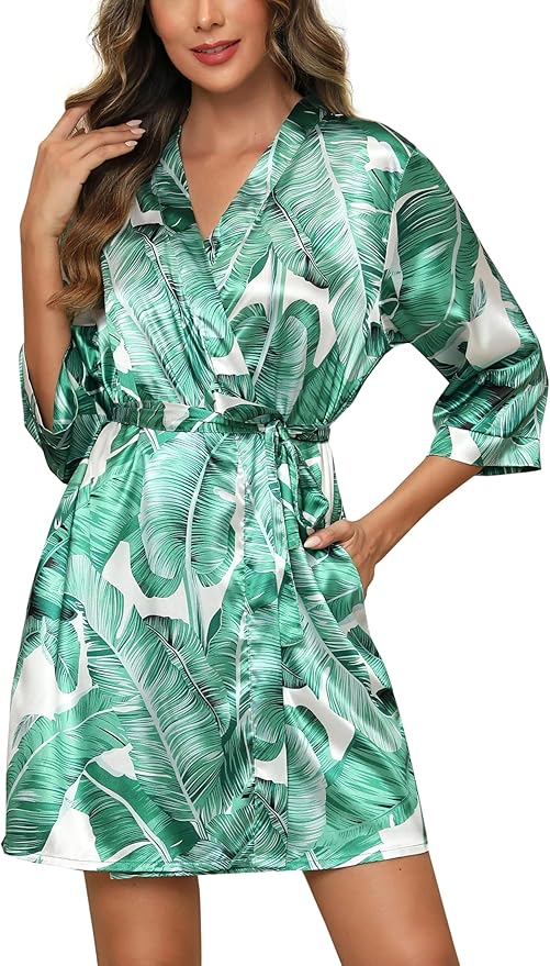 Samring Women's Bride Bridesmaids Robe Short Satin Kimono Robes for Wedding & Bridal Party Silk Bathrobes for Women