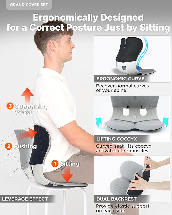 curble Grand(Extra Wide&Sturdy) Cover Set – Ergonomic Back Support Chair with Detachable Cover, Lumbar Support for Posture Correction & Lower Back Pain Relief, Perfect for Home & Office(Set Grey)